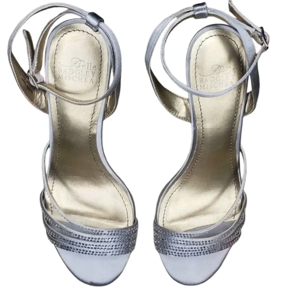 BADGLEY MISCHKA Belle Silver Satin Wedge Heels Sandals Womens Size 6